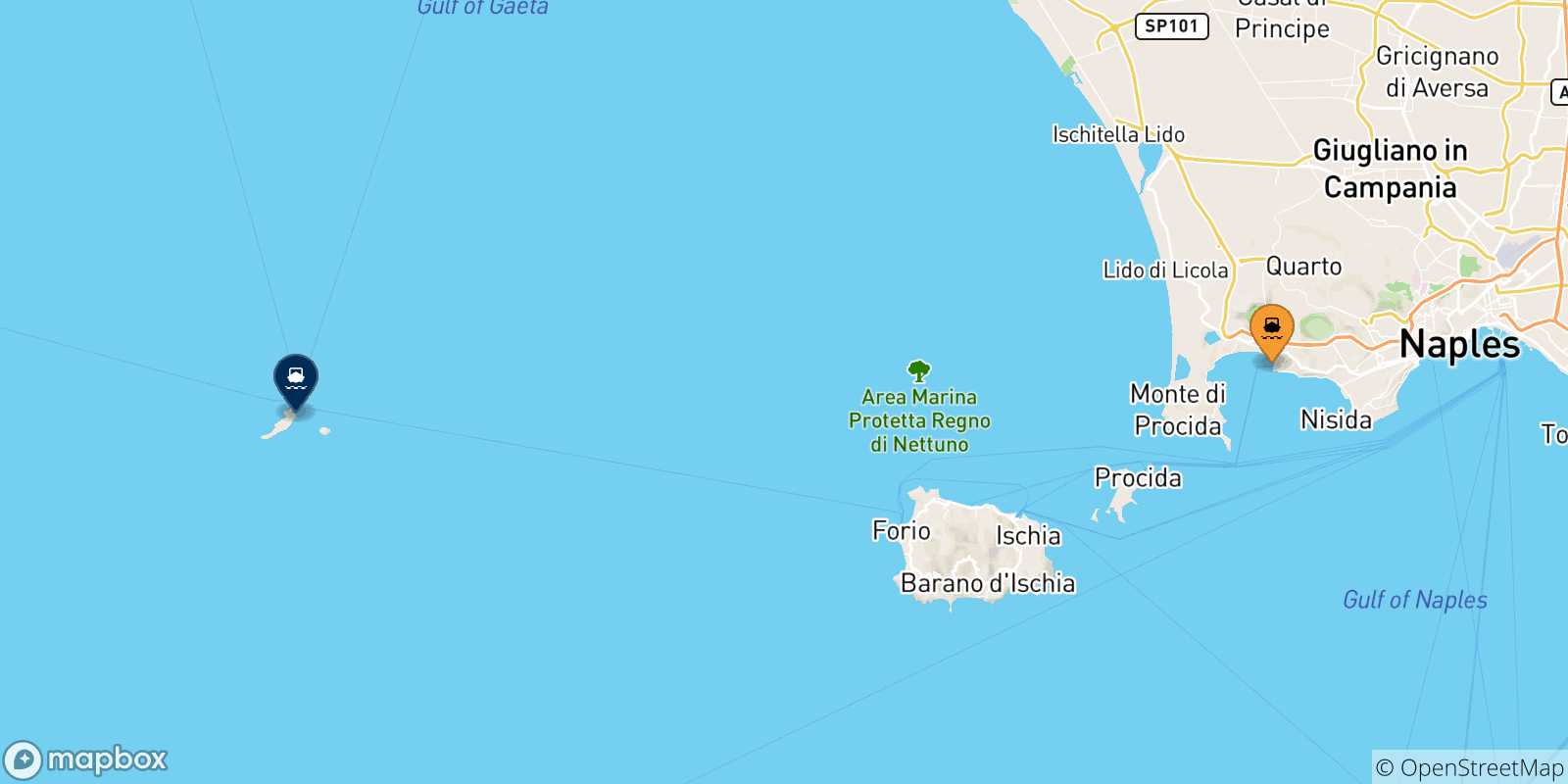 Mapa de las posibles rutas entre Golfo De Nápoles y  Ventotene