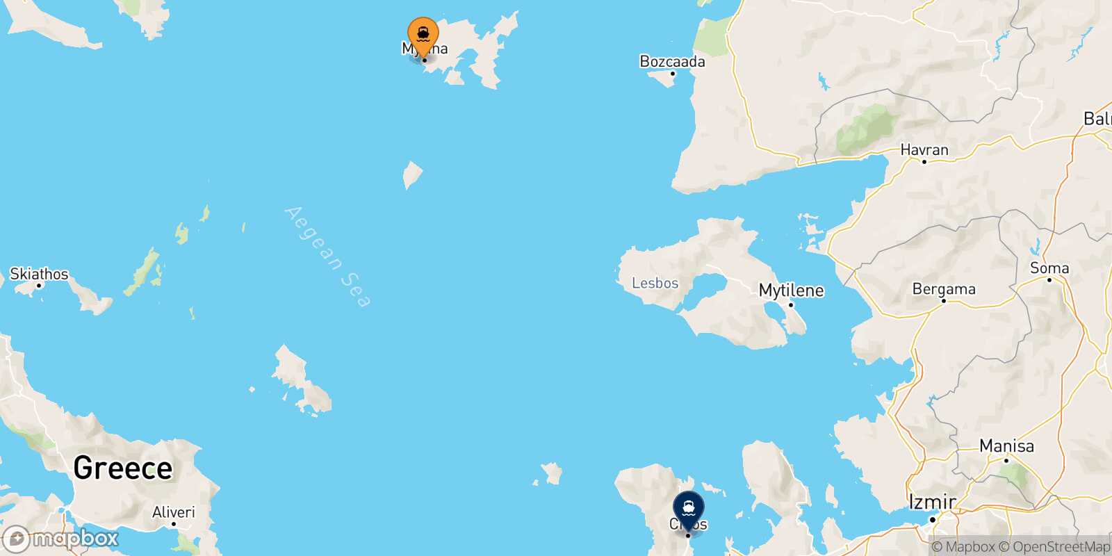 Mapa de la ruta Mirina (Limnos) Mesta Chios