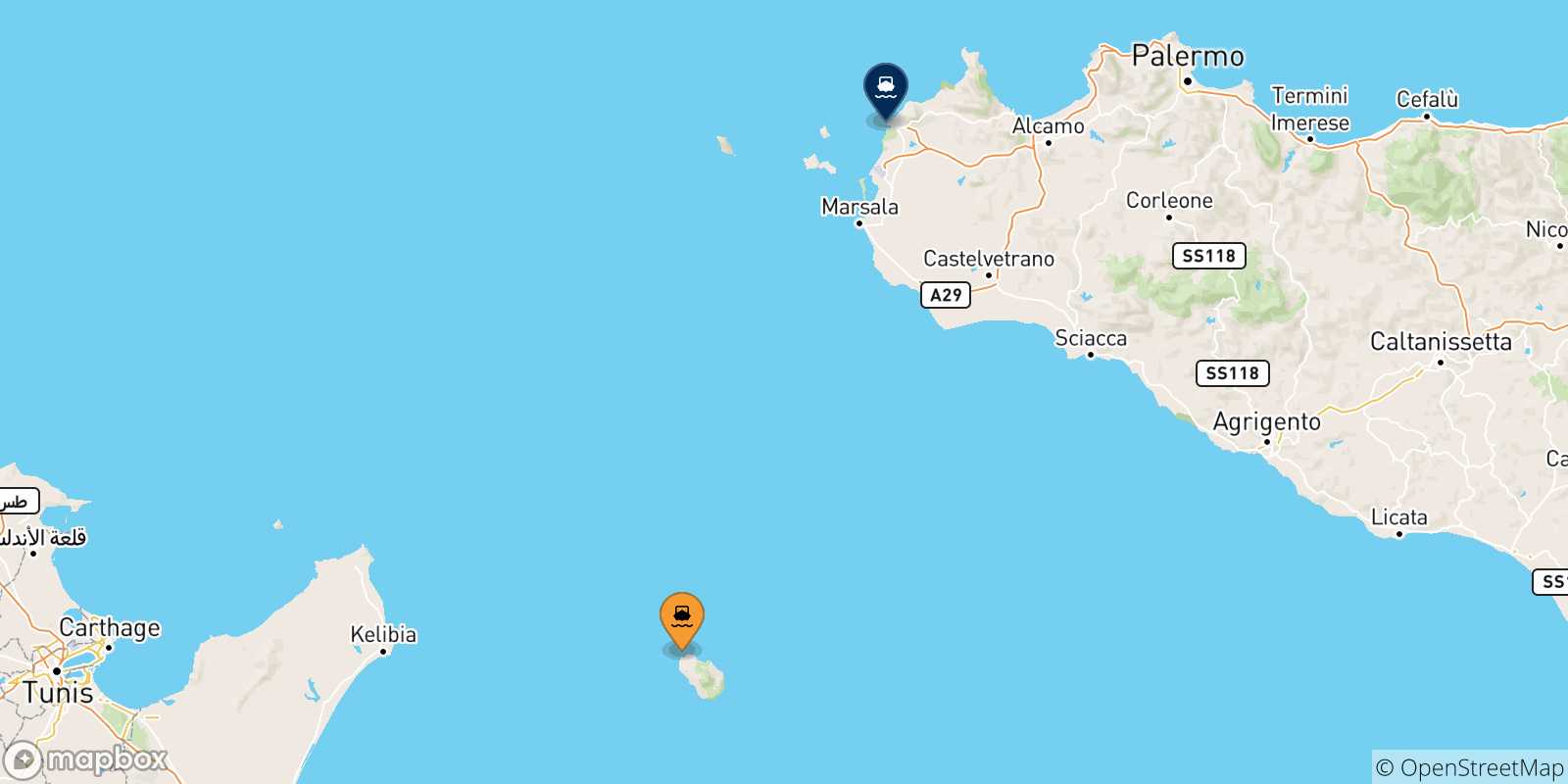 Mapa de las posibles rutas entre Isla De Pantelaria y  Italia
