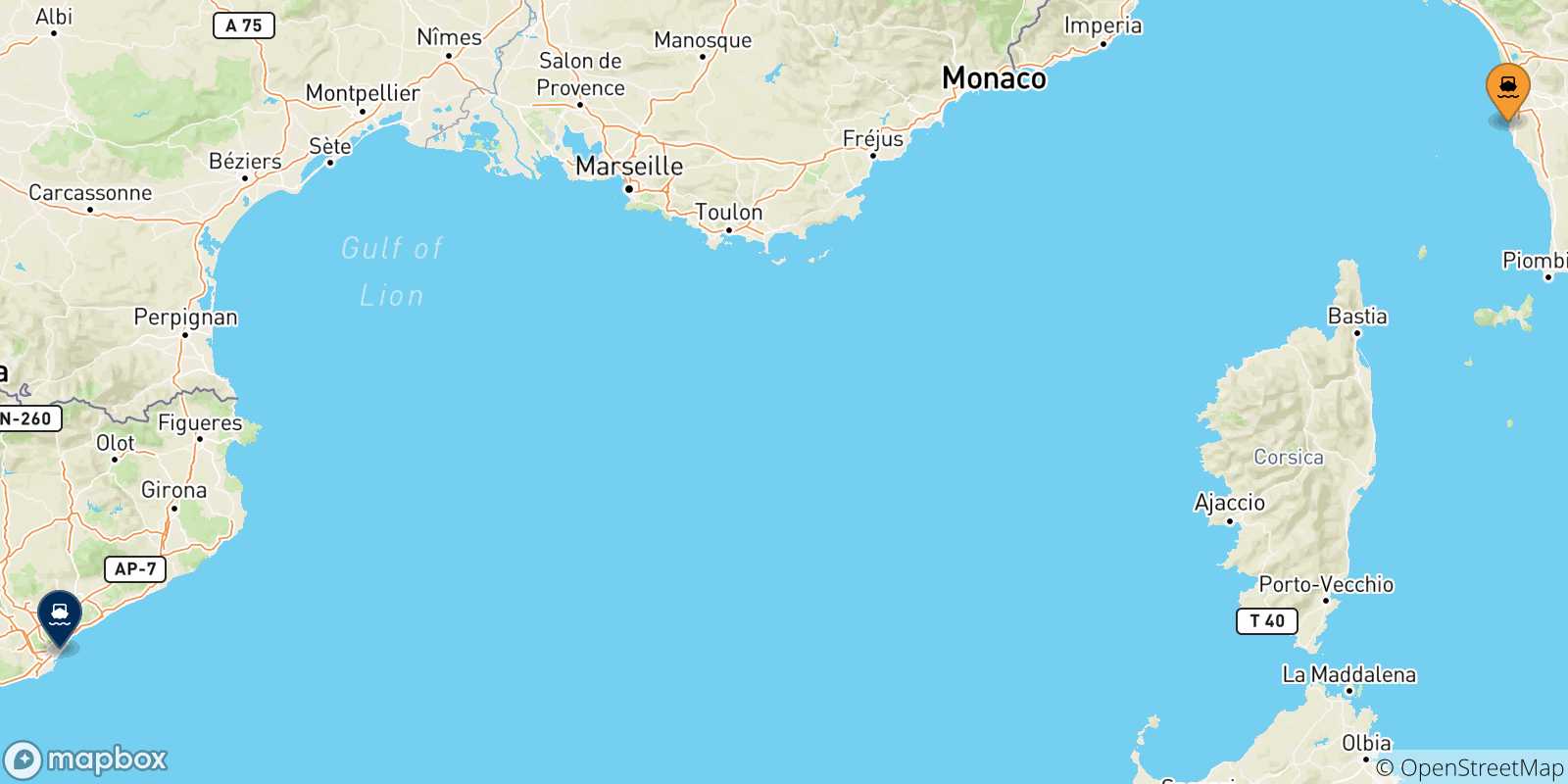 Mapa de las posibles rutas entre Livorno y  España