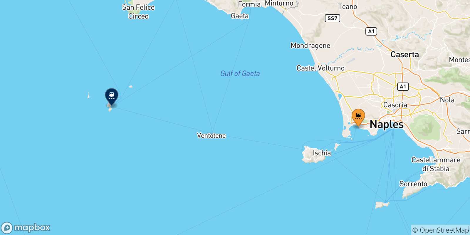 Mapa de las posibles rutas entre Golfo De Nápoles y  Ponza