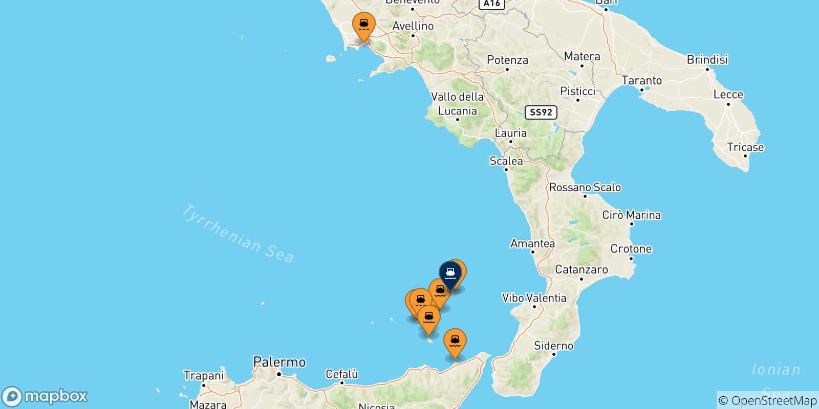 Mapa de las posibles rutas entre Italia y  Ginostra (Stromboli)