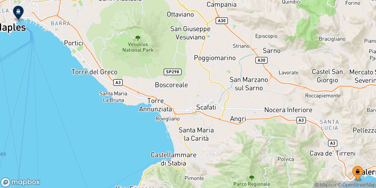 Mapa de la ruta Salerno Nápoles Beverello