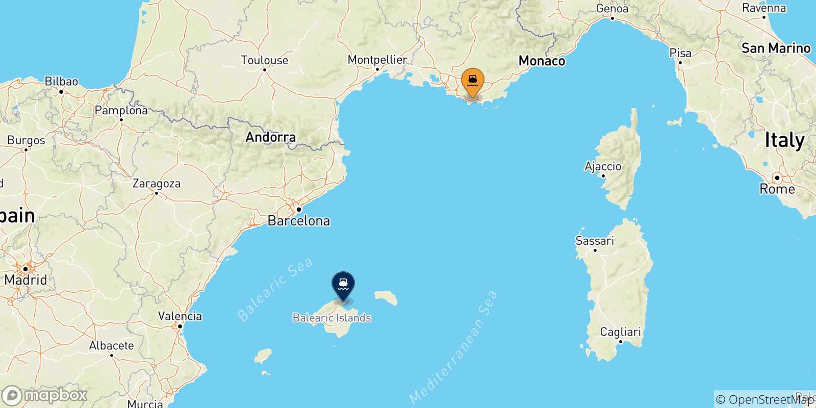 Mapa de las posibles rutas entre Francia y  Islas Baleares