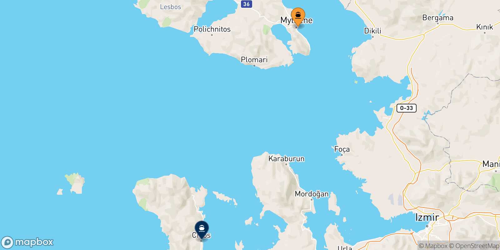 Mapa de la ruta Mytilene (Lesvos) Quios