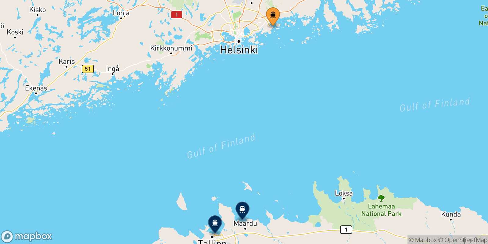 Mapa de los destinos alcanzables de Vuosaari