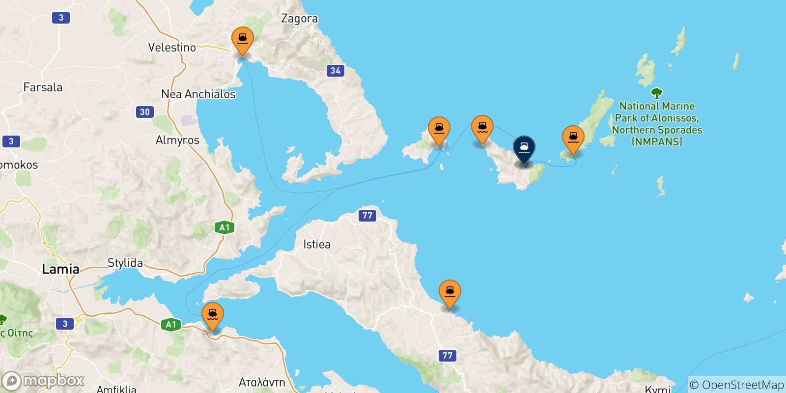 Mapa de las posibles rutas entre Grecia y  Glossa (Skopelos)