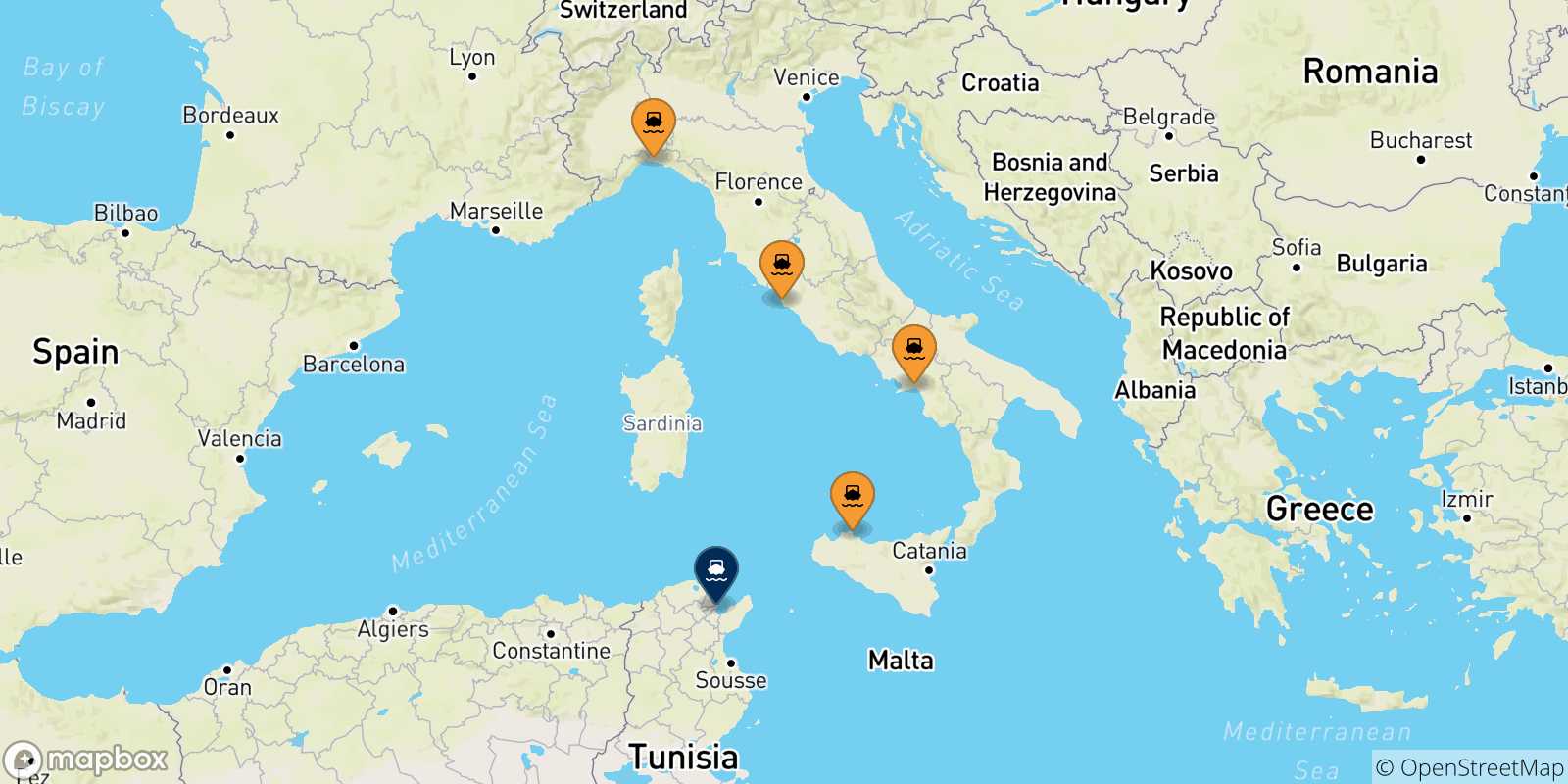 Mapa de las posibles rutas entre Italia y  Túnez