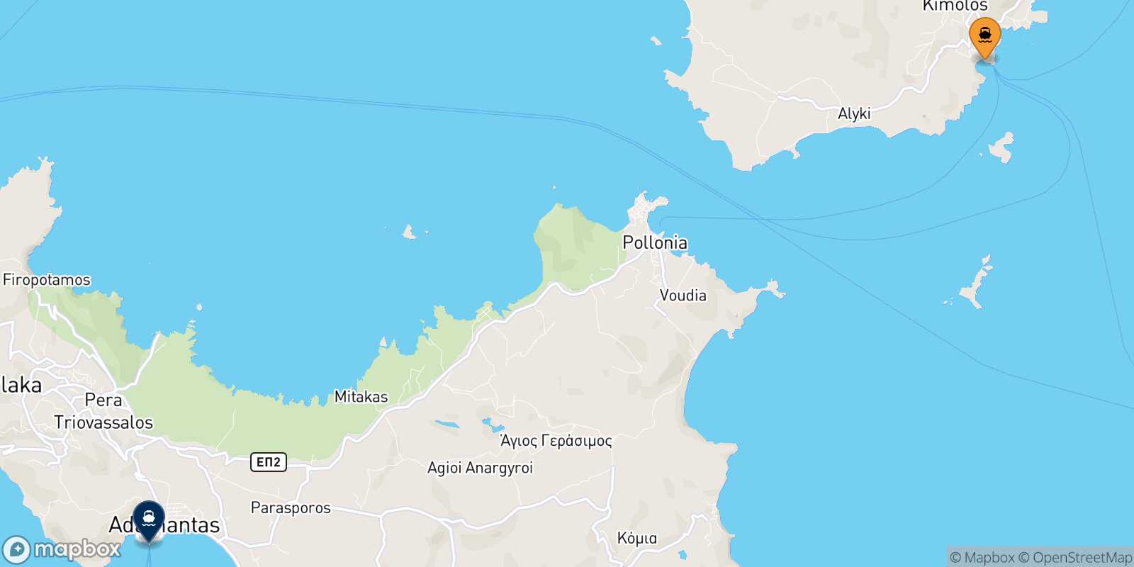 Mapa de la ruta Kimolos Milos