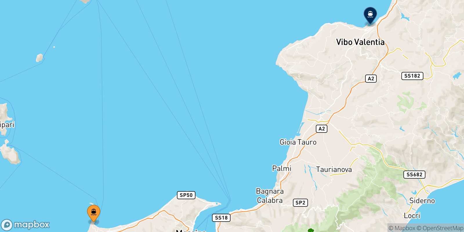 Mapa de los puertos conectados con  Vibo Valentia