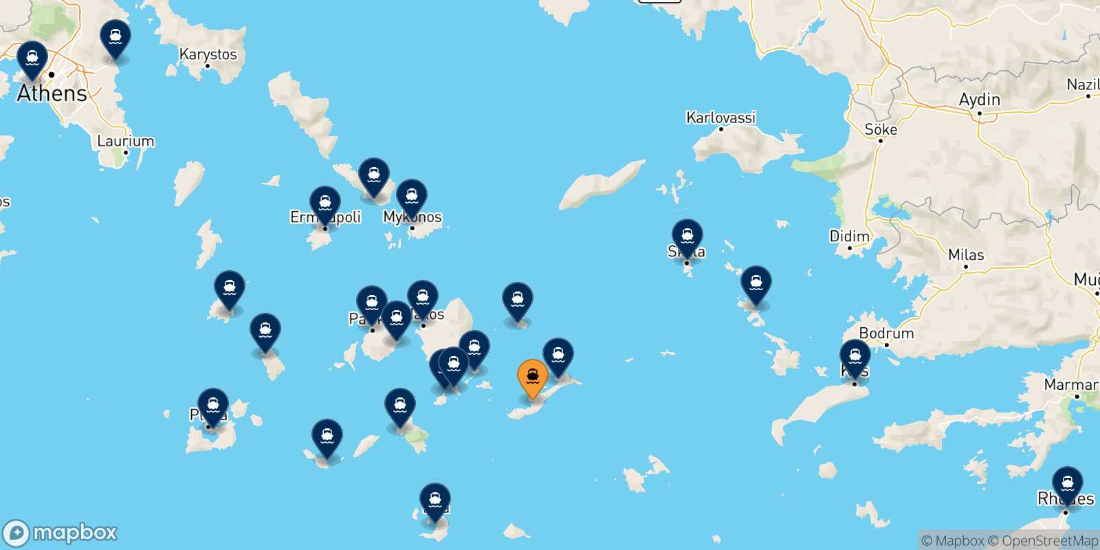 Mapa de los destinos alcanzables de Katapola (Amorgos)
