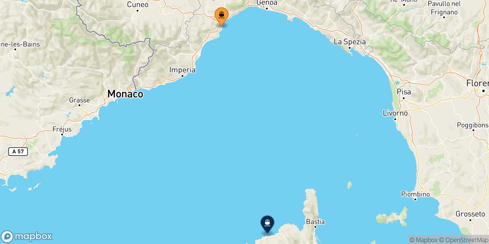 Mapa de los puertos conectados con  Calvi