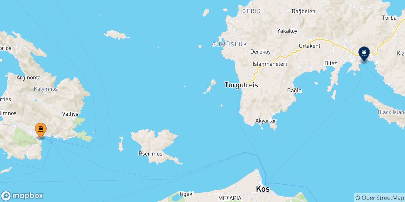 Mapa de las posibles rutas entre Kalymnos y  Turquía