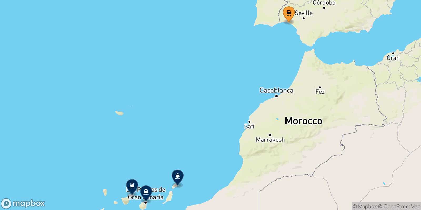 Mapa de los destinos alcanzables de Huelva