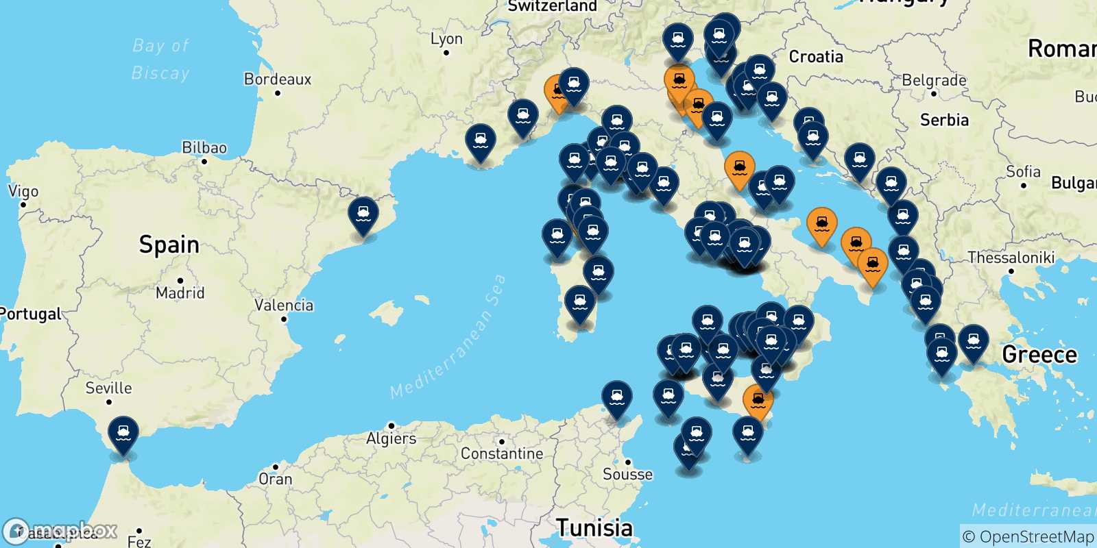 Mapa de los destinos alcanzables de Italia