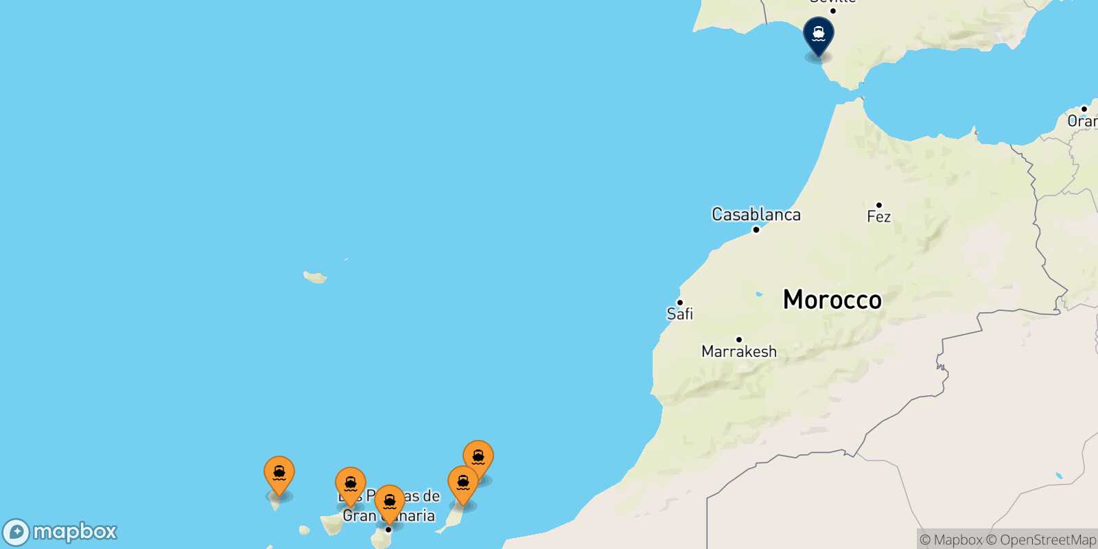 Mapa de los puertos conectados con  Cadiz