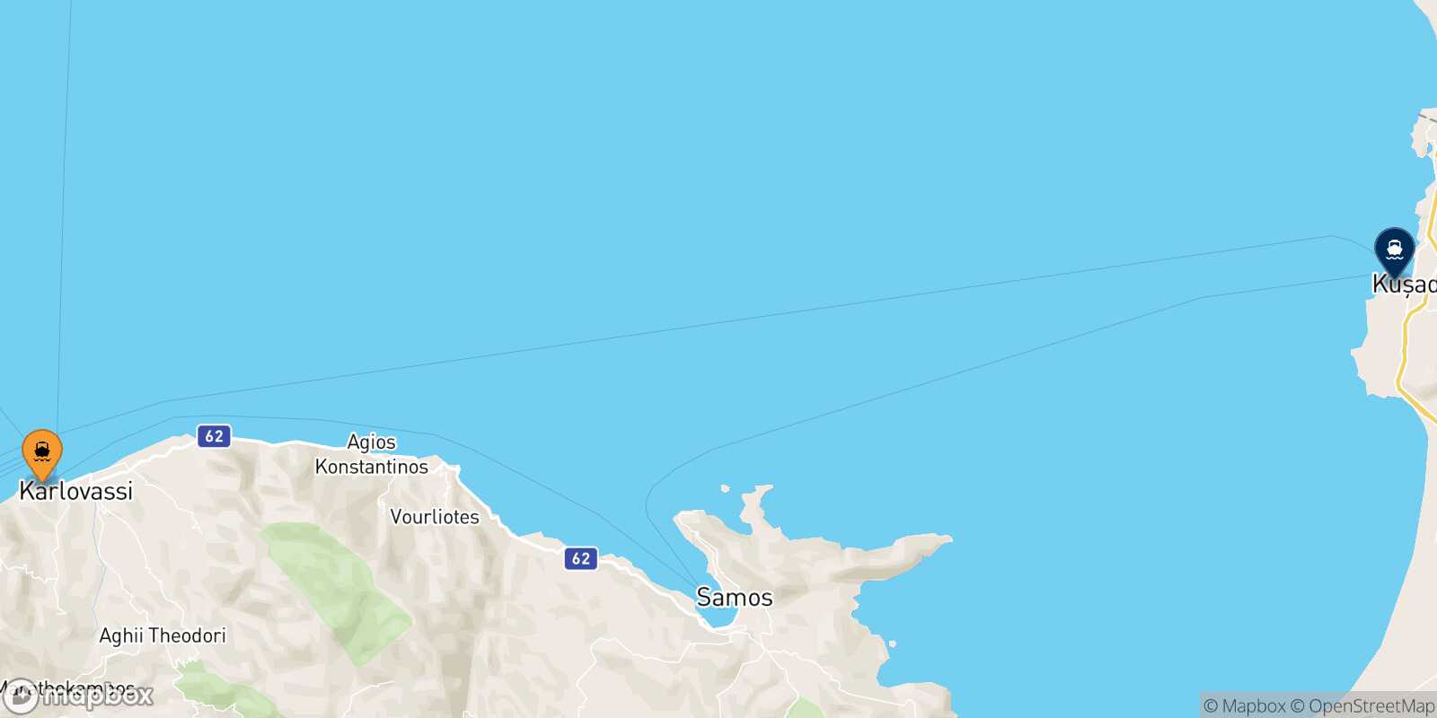 Mapa de los destinos alcanzables de Pythagorio (Samos)